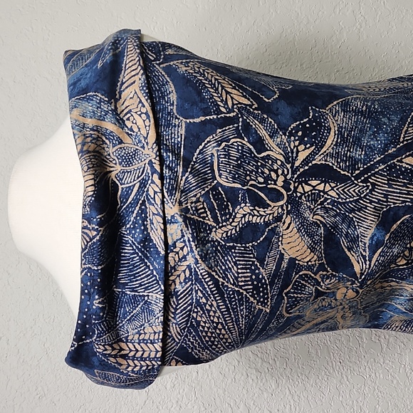 Ralph Lauren Blue w/Tan Floral & Tribal Design Scarf Neck Bodycon Dress Sz. M - Picture 7 of 13